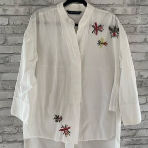 Zara White Poplin Tunic with beaded bug detail Size Small